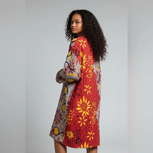 9 🌸 Kantha Serena w open slit in front with pockets, handmade reversible OS - Picture 2 of 4